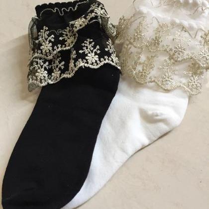 [1 Pack 2pcs ] Kawaii Cute Lace Simple Socks..