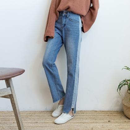 Two-toned Straight Leg Jeans Featuring Frayed And..