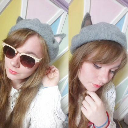 J-fashion Lolita Kawaii Grey Cat Ears Beret..