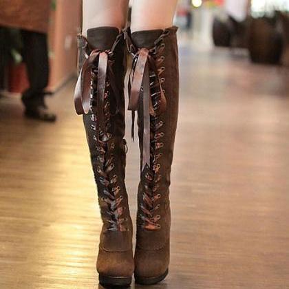 Cute Lace-up Thick-heeled Over The Knees Boots