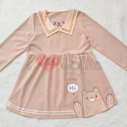 Kawaii Cute Bear Say Hi Long-sleeve Casual Dress..