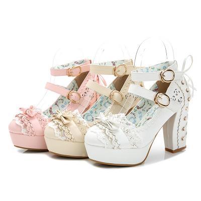 Free Shipping 3 Colors Lolita Kawaii Lace Bow High-heel Shoes LK15120105