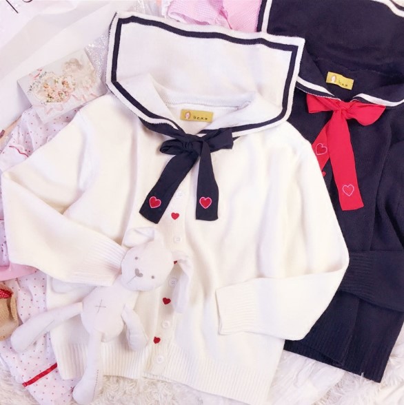 2 Colors Kawaii Sailor Collar Little Hearts Embroidery Sweater Lk17081507