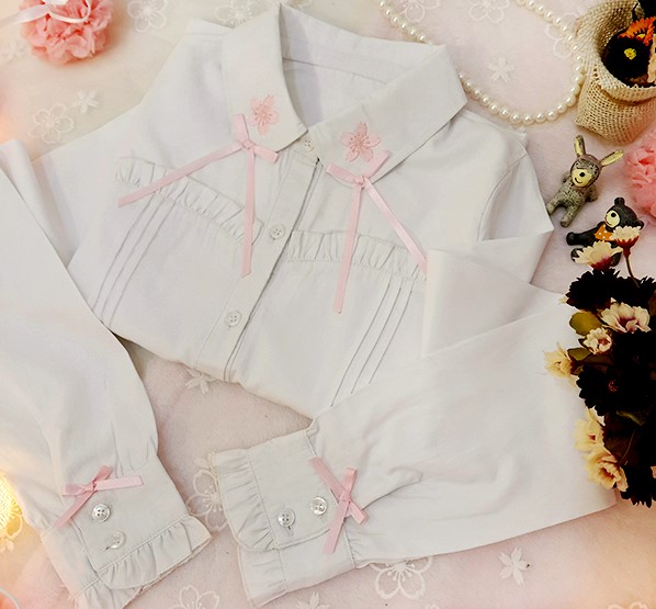 Lolita Kawaii Sakura Embroidery Long Sleeve Shirt Lk16051908