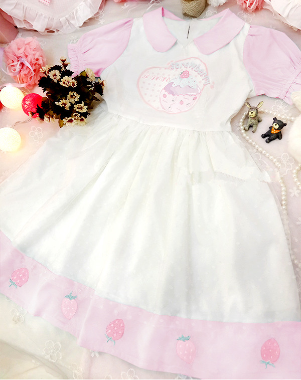 2 Colors Lolita Kawaii Strawberry Embroidery Dress Lk16060601