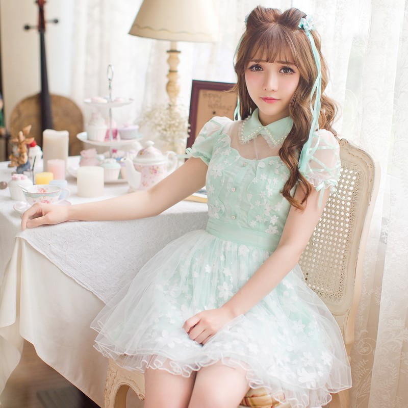 J-fashion Lolita Kawaii Flowers Lace Chiffon Summer Dress Lk16062104