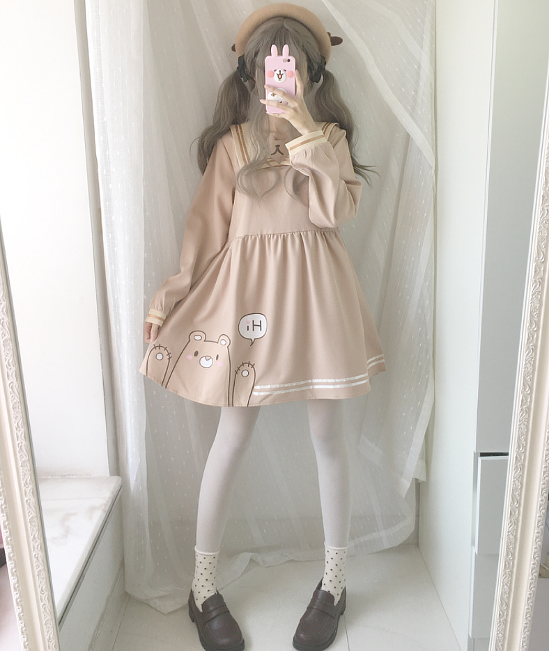 Kawaii Cute Bear Say Hi Long-sleeve Casual Dress Lk17081509